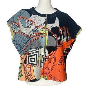 Vtg MEEZAN Art Couture Men Sleeveless Top Sz 4XL Orange Black Zip Front 6-17